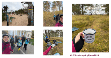 Kolāža ar fotogrāfijām no LJZA rudens pārgājiena. cilvēki pastaigājas pie dabas