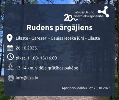 LJZA rudens pārgājiena afiša uz priežu liedaga fona